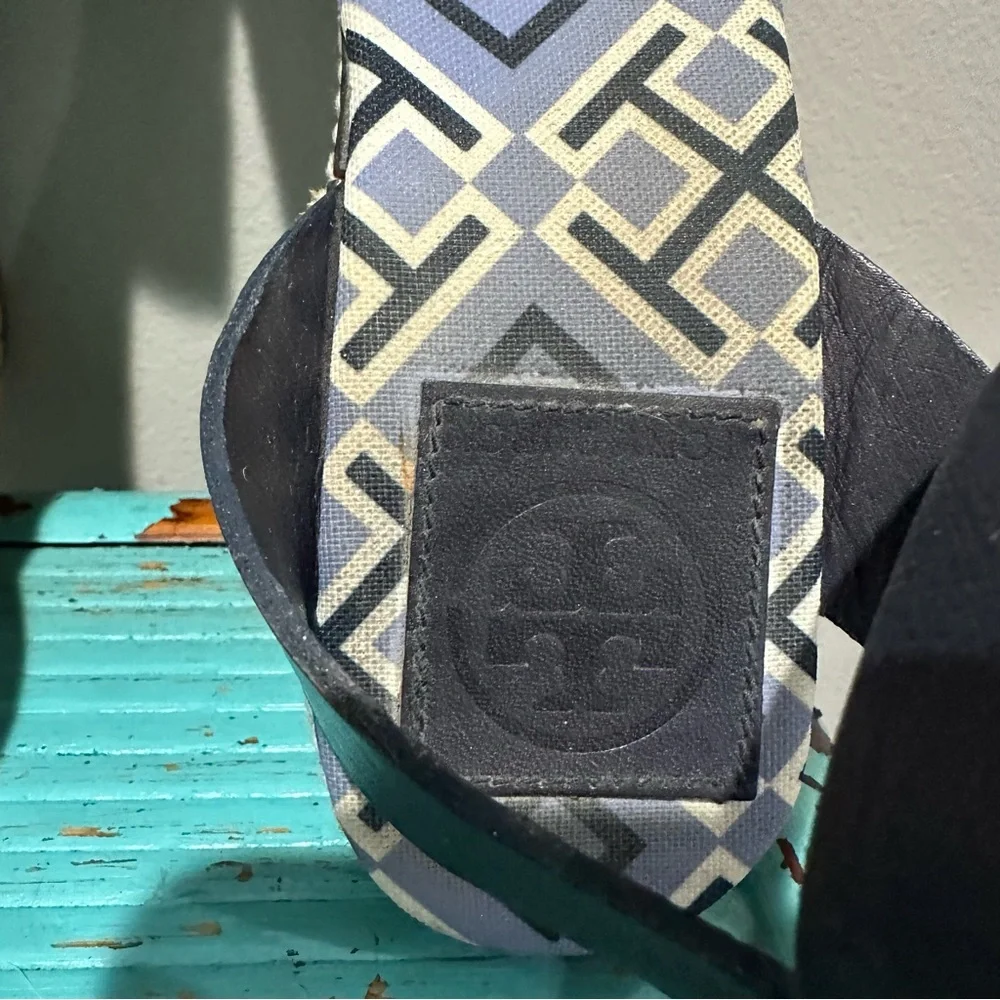 Tory Burch Navy Espadrille Wedge Ankle Strap All Over Logo Print Size 8 B